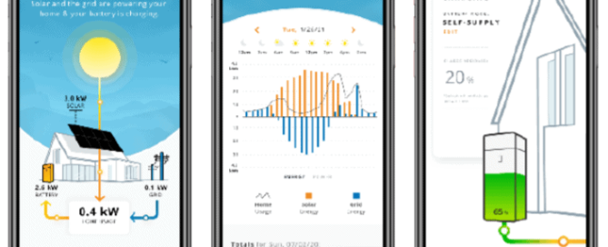 Sea Bright Solar energy management app interface on smartphones, illustrating real-time solar energy production, usage, and battery storage for efficient home energy monitoring