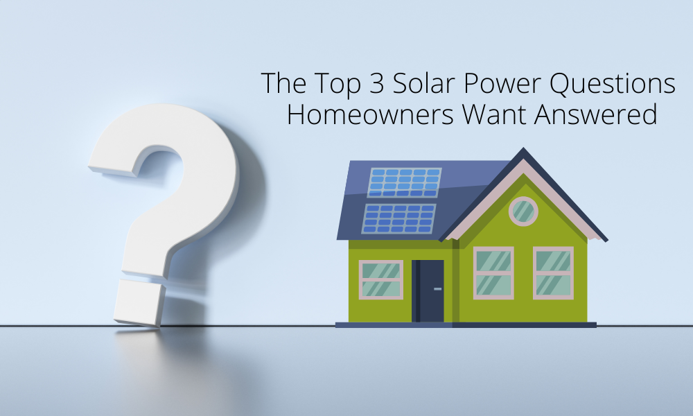 Graph showing the Top 3 Solar Power questions homeowners want answered. Large question mark next to image of a house with solar panels on top