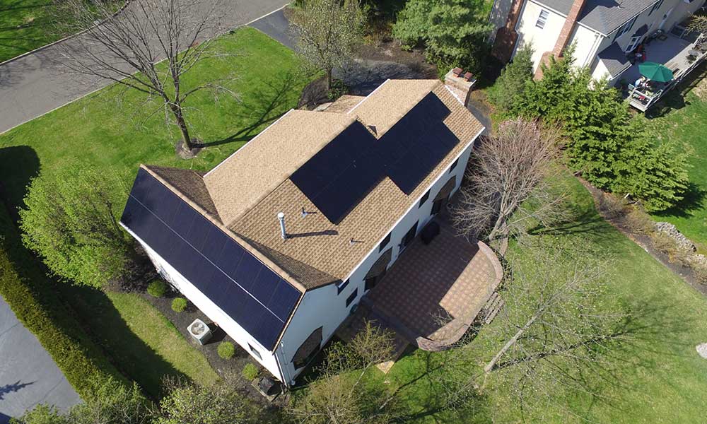 Arial view of a residential solar array on a home.