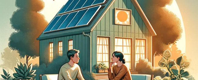 Illustration of a couple sitting in their front yard talking about solar installation on their home.