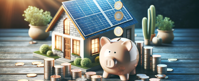 Solar-powered house with piggy bank and coins, symbolizing energy savings and financial benefits of solar energy from Sea Bright Solar.