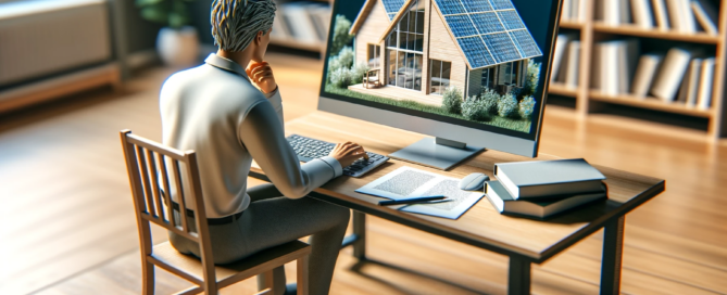 Man working at a desk, looking at a computer screen displaying a house with solar panels on the roof