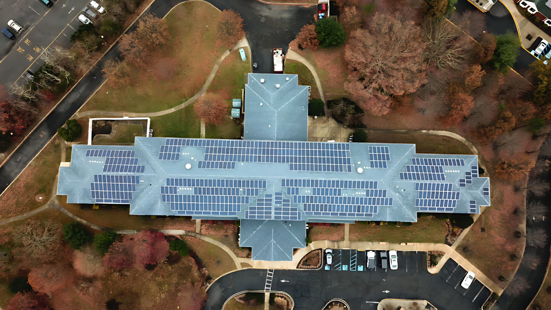 Aerial view of a commercial solar panel installation by Sea Bright Solar