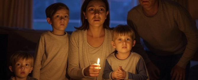 Family sitting in the dark during a power outage, illuminated by candlelight, highlighting the need for reliable solar battery backup | Sea Bright Solar