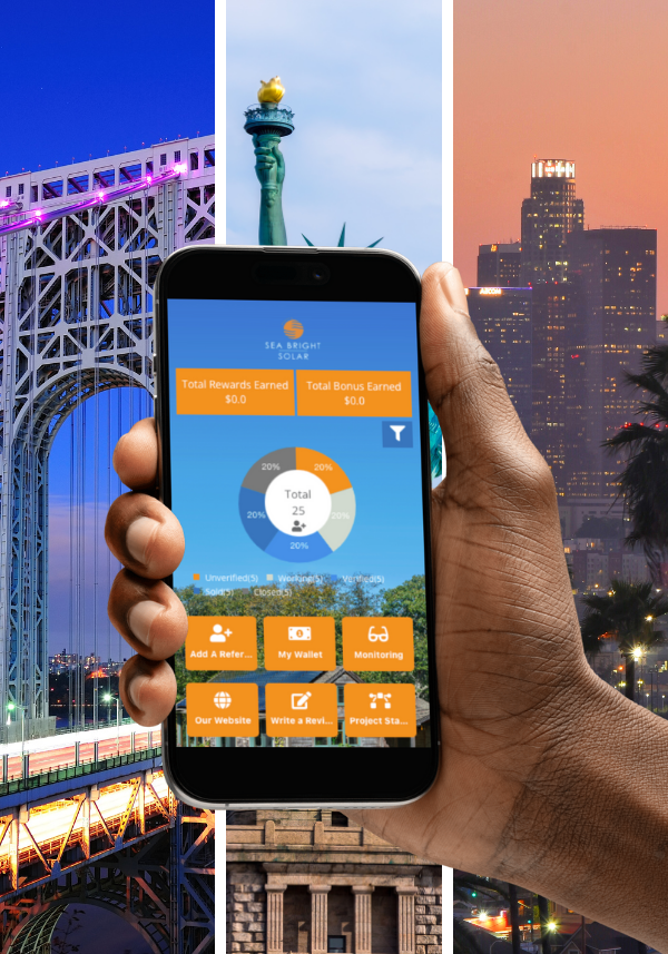 Phone showcasing the Sea Bright Solar referral app. Phone showcasing the Sea Bright Solar referral app.
