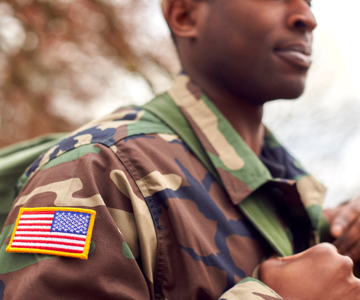Military a man in camouflage uniform with a flag patch on his shoulder