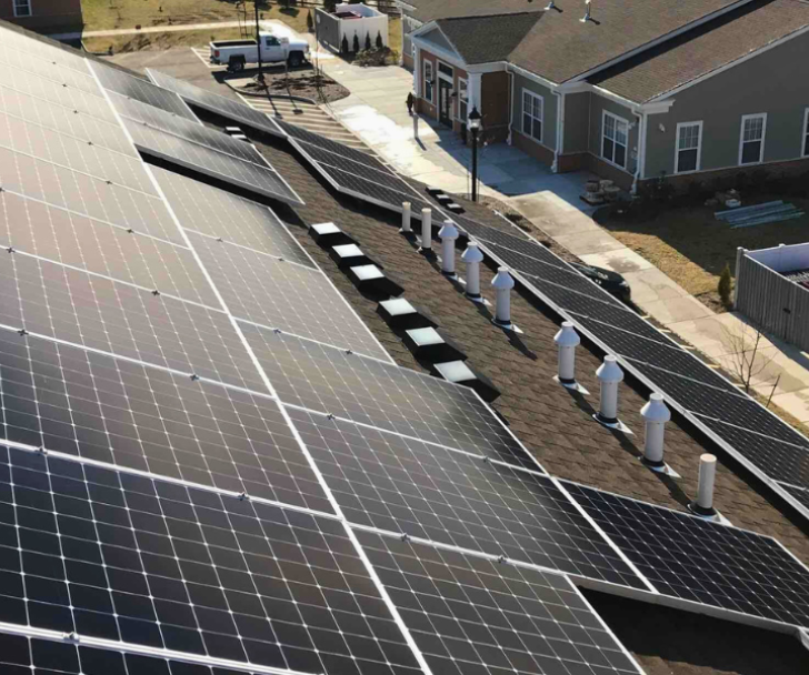 Non Profit solar panels on a roof of a commercial building for a nonprofit