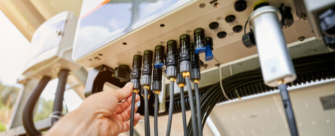 Technician connecting wires to a solar inverter, showing how solar systems operate under Net Metering 3.0 for improved energy efficiency and savings.