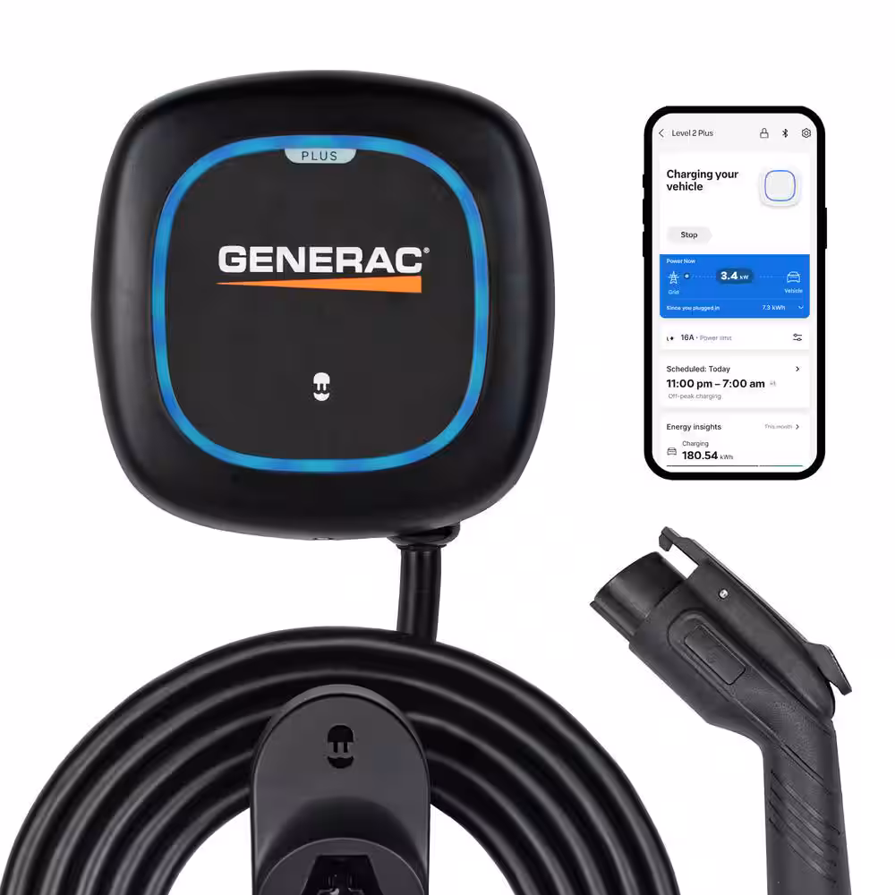 Generac home EV charger with mobile app control displayed, residential electric vehicle charging station with smart scheduling and energy monitoring installed by Sea Bright Solar
