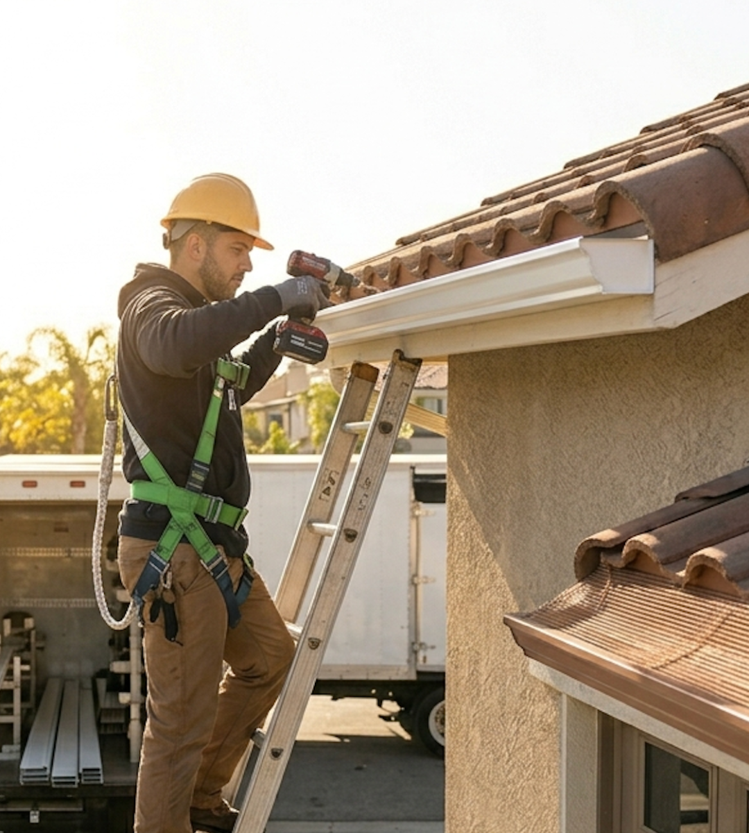 gutter installation contractor installing seamless aluminum gutters roofline water management system home protection Sea Bright Solar