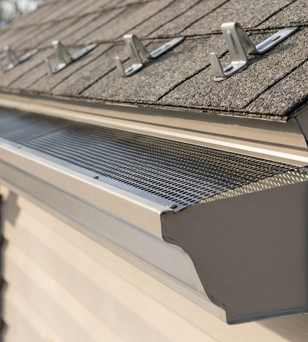 seamless gutter installation with gutter guard roofline protection leaf guard system aluminum gutters home water management Sea Bright Solar