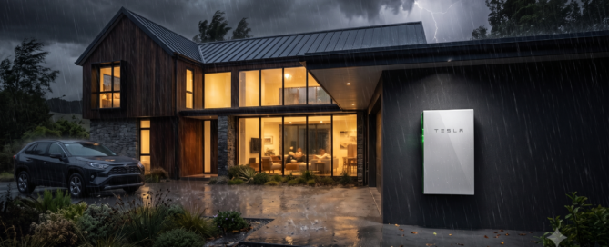 Modern home with Tesla Powerwall home battery storage providing whole-home backup power during a severe summer storm and grid outage.